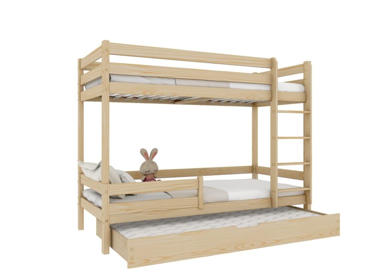EDDIE drewniane łóżko piętrowe z poziomymi barierkami i szufladą z funkcją spania