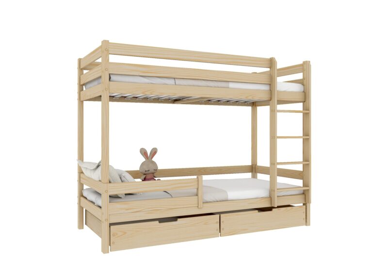 EDDIE drewniane łóżko piętrowe z poziomymi barierkami i szufladami na pościel