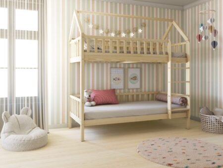 POLLIE PIĘTROWE drewniane łóżko piętrowe domek z barierkami płotek na wysokich nogach