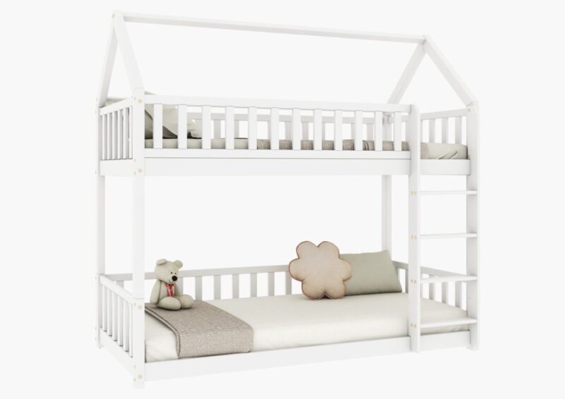 POLLIE PIĘTROWE drewniane łóżko piętrowe domek z barierkami płotek