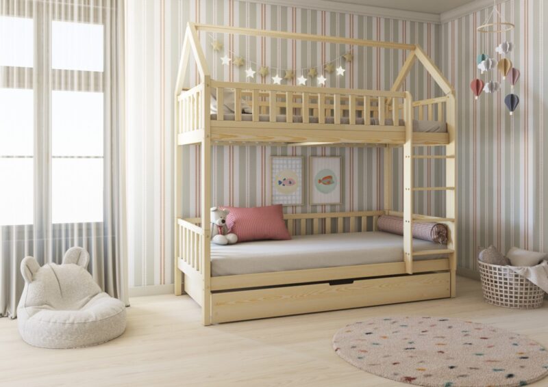 POLLIE DUO PIĘTROWE drewniane łóżko piętrowe domek z barierkami płotek i szufladą z funkcją spania