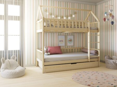 POLLIE DUO PIĘTROWE drewniane łóżko piętrowe domek z barierkami płotek i szufladą z funkcją spania