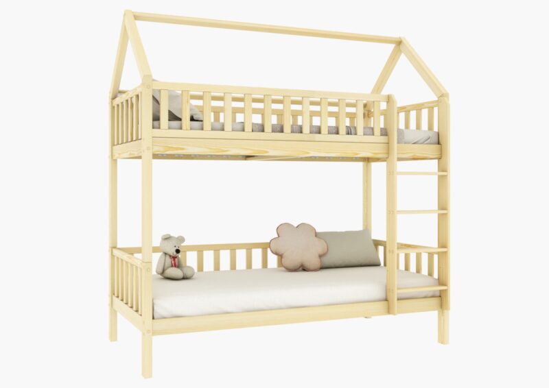 POLLIE PIĘTROWE drewniane łóżko piętrowe domek z barierkami płotek na wysokich nogach