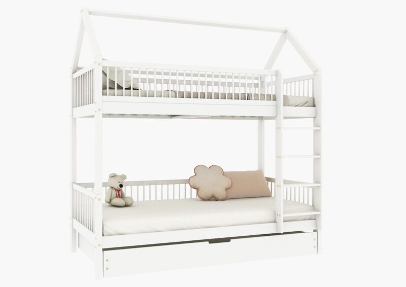 ZOJA DUO PIĘTROWA drewniane łóżko piętrowe domek z okrągłymi szczebelkami i szufladą z funkcją spania