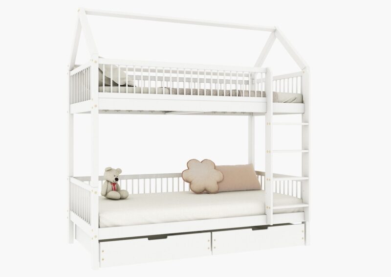 ZOJA BOX PIĘTROWE drewniane łóżko piętrowe domek z okrągłymi szczebelkami i szufladami na pościel