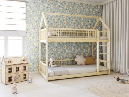 ZOJA PIĘTROWA drewniane łóżko piętrowe domek z okrągłymi szczebelkami
