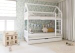 ZOJA DUO PIĘTROWA drewniane łóżko piętrowe domek z okrągłymi szczebelkami i szufladą z funkcją spania