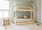 ZOJA DUO PIĘTROWA drewniane łóżko piętrowe domek z okrągłymi szczebelkami i szufladą z funkcją spania