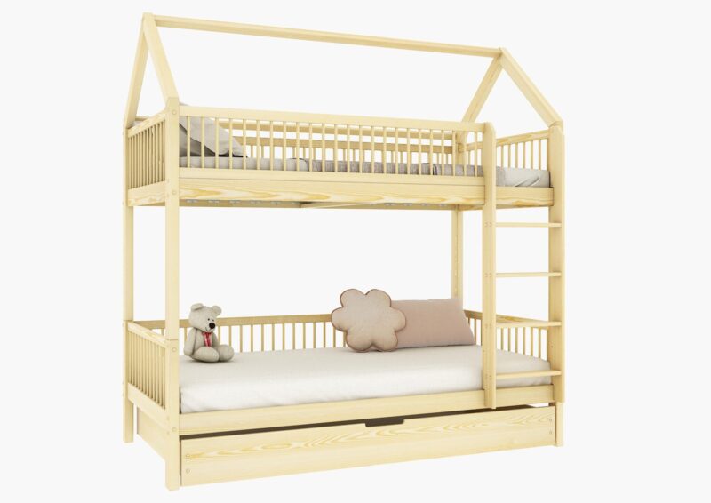 ZOJA DUO PIĘTROWA drewniane łóżko piętrowe domek z okrągłymi szczebelkami i szufladą z funkcją spania
