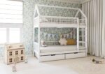 ZOJA BOX PIĘTROWE drewniane łóżko piętrowe domek z okrągłymi szczebelkami i szufladami na pościel