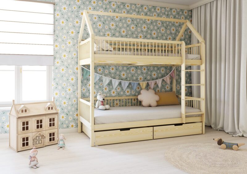 ZOJA BOX PIĘTROWE drewniane łóżko piętrowe domek z okrągłymi szczebelkami i szufladami na pościel