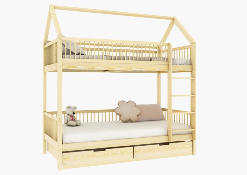 ZOJA BOX PIĘTROWE drewniane łóżko piętrowe domek z okrągłymi szczebelkami i szufladami na pościel