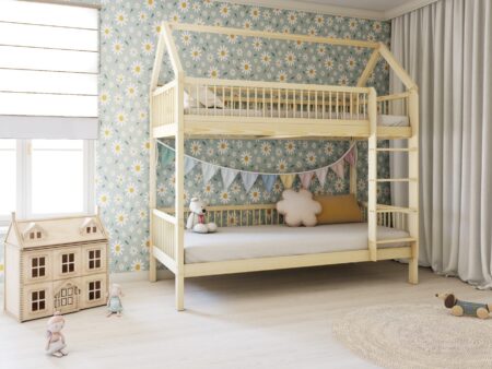 ZOJA PIĘTROWA drewniane łóżko piętrowe domek z okrągłymi szczebelkami na wysokich nogach