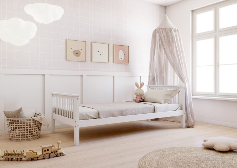 BOHO Z drewniane łóżko dziecięce w stylu boho z okrągłymi szczebelkami i szprosami