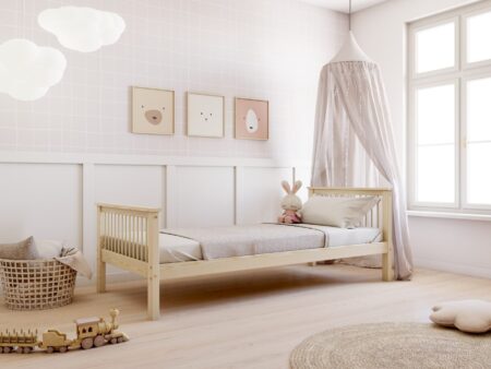BOHO Z drewniane łóżko dziecięce w stylu boho z okrągłymi szczebelkami i szprosami