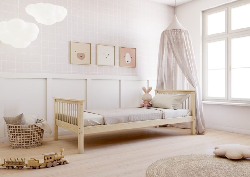 BOHO Z drewniane łóżko dziecięce w stylu boho z okrągłymi szczebelkami i szprosami