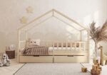 DORMIO drewniane łóżko - domek dziecięce z prostokątnymi szczebelkami i szufladą na pościel