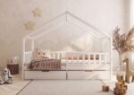 DORMIO drewniane łóżko - domek dziecięce z prostokątnymi szczebelkami i szufladą na pościel